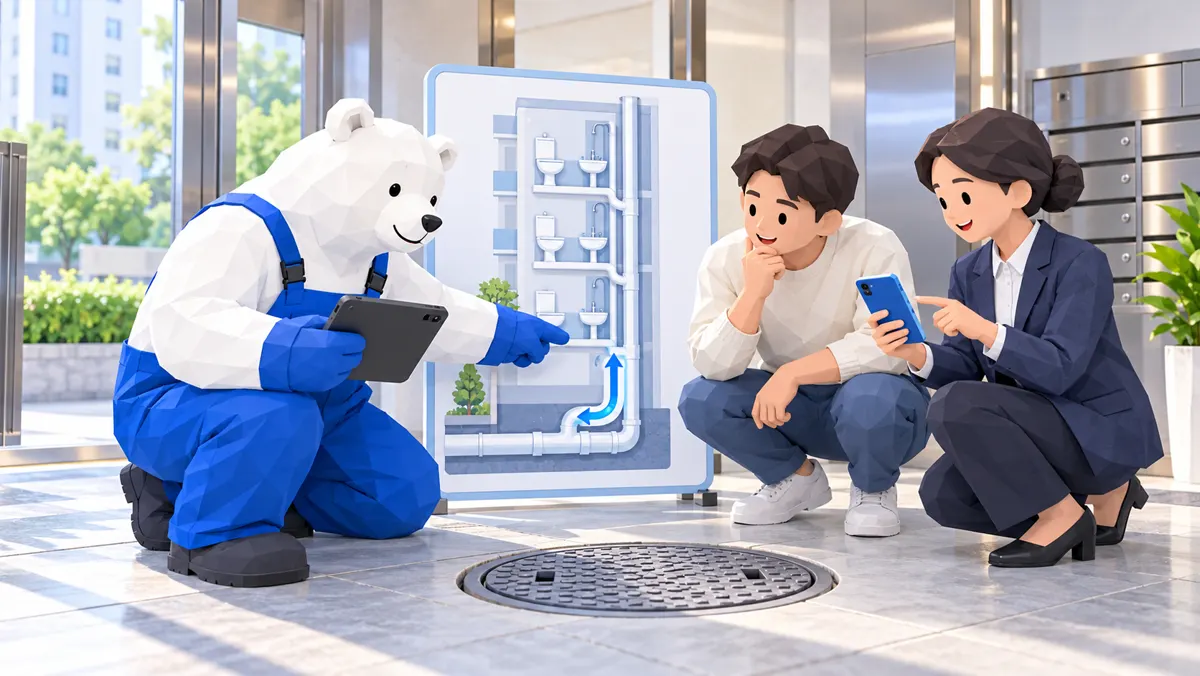 AI 示意插圖：白熊與住戶及物業人員對照排水位置示意