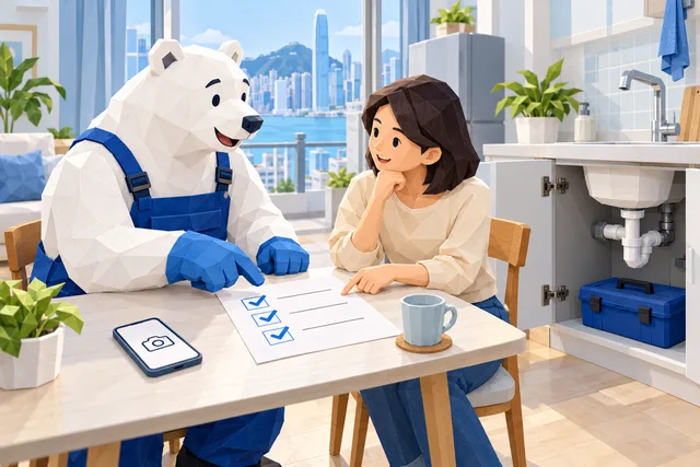 AI 示意插圖：白熊與住戶在桌前核對工程清單