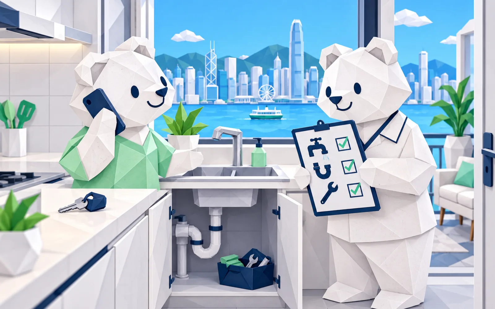 AI 示意插圖：紙藝白熊在鋅盤旁用電話聯絡，另一隻白熊核對清單