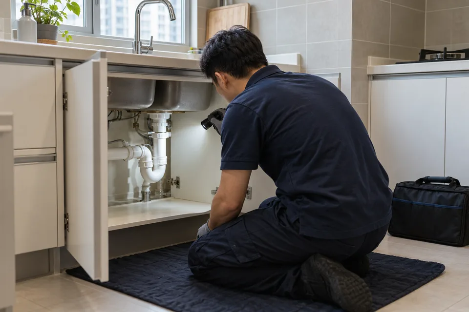 工作人員在鋅盤櫃底用手電筒查看去水喉